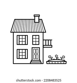 House. Building facade with door, chimney, balcony and flower bed under the window. Home in doodle sketch style. Hand drawn isolated vector illustration.