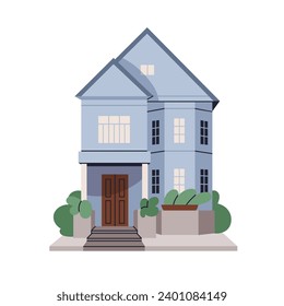 House building facade. Home exterior, architecture. Residential living mansion. Dwelling construction, structure with porch, door, windows. Flat vector illustration isolated on white background