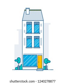 House building facade with silhouettes inside and city skyscrapers on background vector illustration.