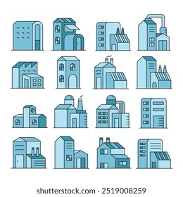 house building and factory icons set