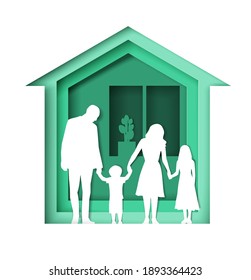 House building with family silhouettes, vector illustration in paper art style. Happy family buying, renting new home. Residential real estate company services.