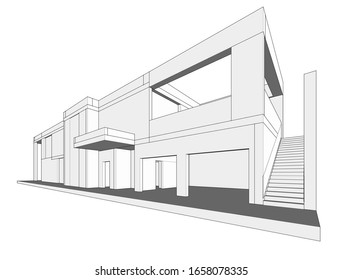 house building framework linear sketch, architecture 3d illustration