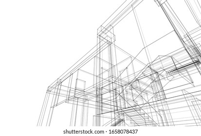 estructura de la casa marco de dibujo lineal, arquitectura ilustración 3d