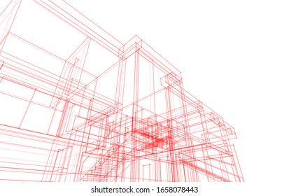 house building framework linear sketch, architecture 3d illustration