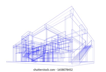 house building framework linear sketch, architecture 3d illustration