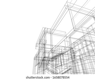 house building framework linear sketch, architecture 3d illustration