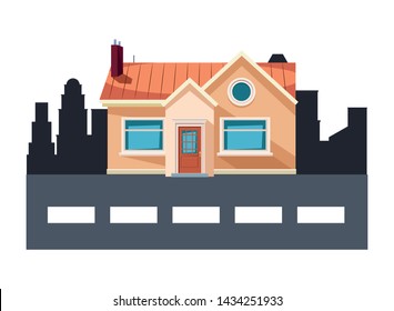 house building in front of a street and cityscape silhouette icon cartoon vector illustration graphic design