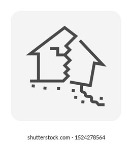 House building, ground collapse vector icon. Include debris, concrete crack, damage broken home. To destroy of natural disaster i.e. landslide, subsidence of soil, earthquake, war. Editable stroke.
