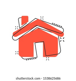 House building icon in comic style. Home apartment vector cartoon illustration pictogram. Dwelling business concept splash effect.