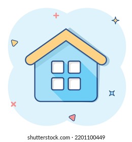 House building icon in comic style. Home apartment vector cartoon illustration pictogram. House dwelling business concept splash effect.