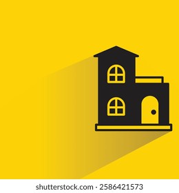 house building icon with drop shadow on yellow background