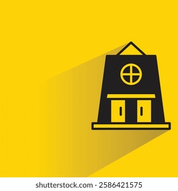 house building icon with drop shadow on yellow background