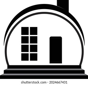 house building icon with round shape, roof, chimney door and window