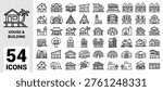 House and building icon set featuring diverse global architecture including cabins, duplexes, pagodas, barns, igloos, lighthouses, mobile homes, adobe houses, and modern residences