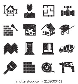House Building Icons. Black Scribble Design. Vector Illustration.