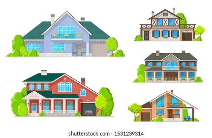 House building icons of village homes and cottages, villas and mansions vector design. Real estate and architecture, exterior of double storey houses with windows, facades and doors, roofs and garages