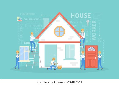 House building illustration. Workers constructing home with tools and materials.