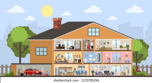 House building interior plan with the garage. Home with kitchen and bathroom, bedroom and living room. Vector flat illustration