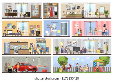 House building interior plan with the garage. Home with kitchen and bathroom, bedroom and living room. Barbeque on the backyard. Vector flat illustration