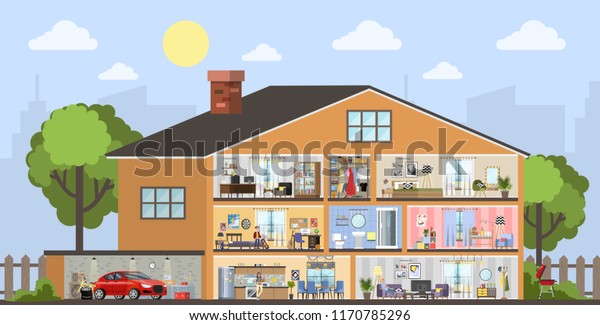 House building interior plan with the\
garage. Home with kitchen and bathroom, bedroom and living room.\
Vector flat illustration