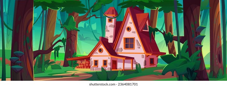 House building in jungle forest vector background. Country hut with porch, chimney and window in lush leaves nature woods environment. Faity tale brick old summer cabin with nobody panorama scene.