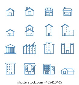 House Building Line Blue Icon   Shadow Vector Illustration