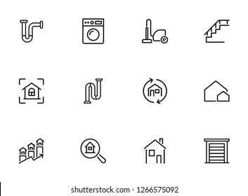 House building line icon set. Set of line icon on white background. Home concept. Washing machine, door, stair. Vector illustration can be used for topics like engineering, power