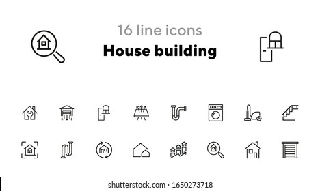 Conjunto de iconos de la línea de construcción de la casa. Icono de conjunto de líneas en fondo blanco. Concepto de casa. Lavadora, puerta, escalera. La ilustración vectorial se puede utilizar para temas como ingeniería, energía