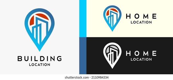 house and building location logo design template with creative line art. pin logo illustration, map, location, home, house, icon, building Premium Vector