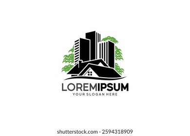 House and building logo design with trees, real estate logo