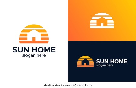 Ilustração do vetor do projeto do logotipo do edifício da casa com o ícone gráfico do projeto do sol, símbolos, criativo