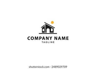 house building logo with sun shining on it in flat vector design style
