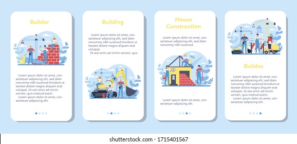 House building mobile application banner set. Workers constructing home with tools and materials. Process of house building. City development concept. Isolated flat vector illustration