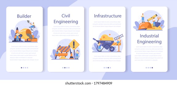 Handybanner-Set für den Hausbau. Arbeiter bauen Haus mit Werkzeugen und Materialien. Prozess des Hausbaus. Stadtentwicklungskonzept. Einzelne flache Vektorgrafik