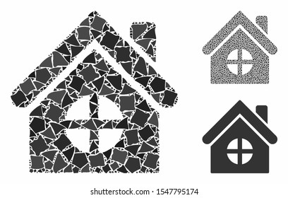 House building mosaic of trembly parts in variable sizes and color hues, based on house building icon. Vector inequal parts are composed into mosaic. House building icons collage with dotted pattern.