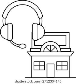 Ein Haus mit einem Gebäude daneben und einem Kopfhörer darüber. Das Haus ist weiß und das Gebäude ist auch weiß