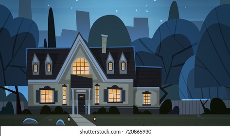 House Building Night View Suburb Of Big City, Cottage Real Estate Cute Town Concept Flat Vector Illustration