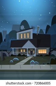 House Building Night View Suburb Of Big City, Cottage Real Estate Cute Town Concept Flat Vector Illustration