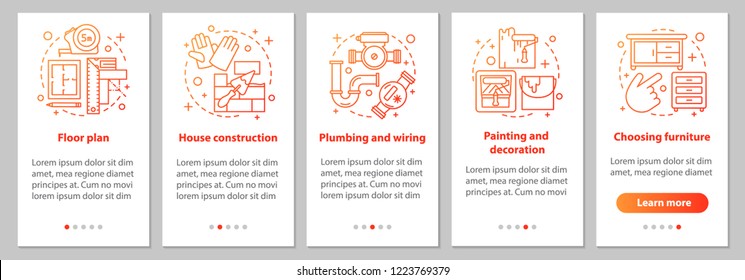 House building onboarding mobile app page screen with linear concepts. Floor plan, construction, wiring, painting, choosing furniture steps graphic instructions. UX, UI, GUI vector illustrations