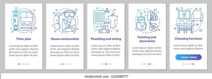House building onboarding mobile app page screen with linear concepts. Floor plan, construction, wiring, painting, choosing furniture steps graphic instructions. UX, UI, GUI vector illustrations