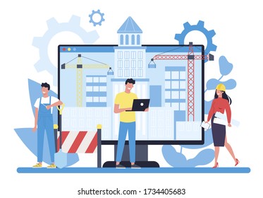 House building online project platform. Professional workers constructing home with tools and materials. Process of house building. City development concept. Isolated flat vector illustration