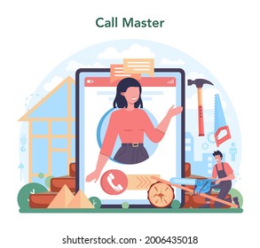 House building online service or platform. Workers constructing home with tools and materials. Process of house building. Call master. Flat vector illustration