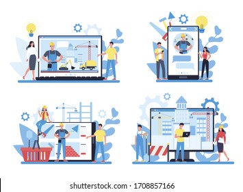 House building online service set. Online shop and consultation. Process of house building. City development concept. Isolated flat vector illustration