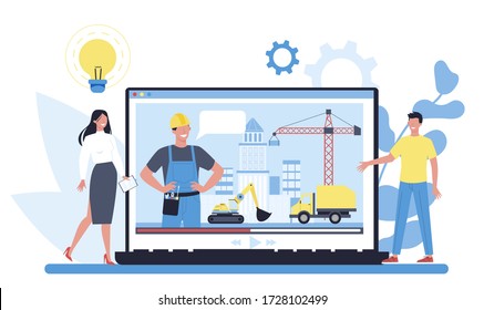 Construcción de una plataforma de transmisión en línea. Trabajadores profesionales construyendo casas con herramientas y materiales. Proceso de construcción de viviendas. Concepto de desarrollo urbano. Ilustración vectorial plana aislada