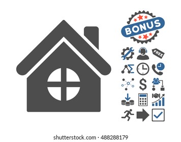 House Building pictograph with bonus elements. Vector illustration style is flat iconic bicolor symbols, cobalt and gray colors, white background.