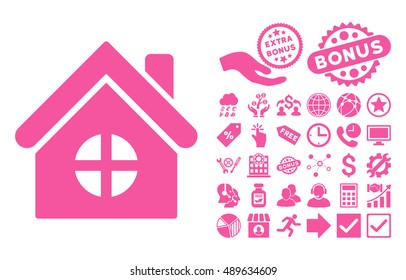 House Building pictograph with bonus elements. Vector illustration style is flat iconic symbols, pink color, white background.