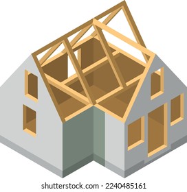 Hausbauprozess. Isometrisches Baustellensymbol