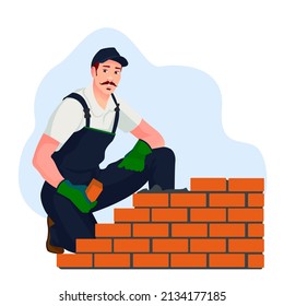 House building process. Worker using construction tools and materials, bricklayer, concrete maker, vector illustration.