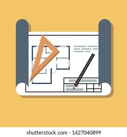 house building or reconstruction project in rolled paper, flat vector illustration