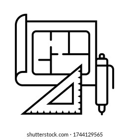 house building or reconstruction project in rolled paper icon